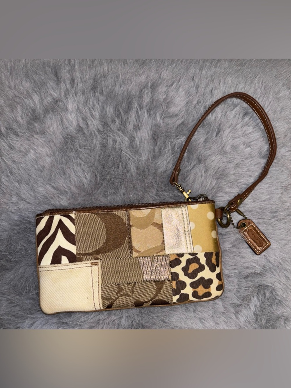 Coach Patchwork Signature Wristlet in Brown and Tan Prints
